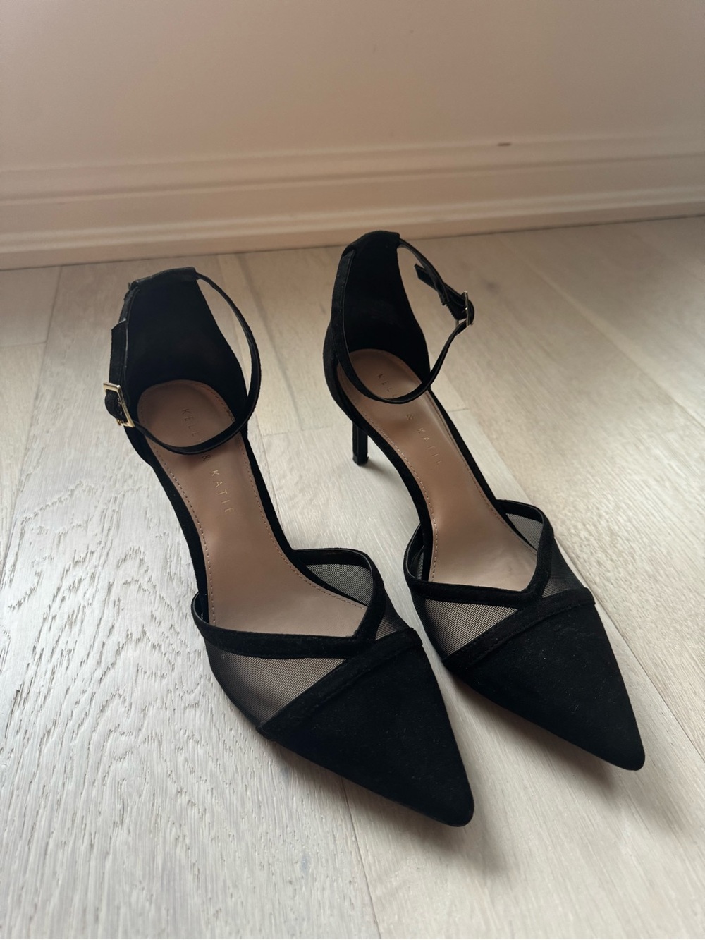 Kelly & Katie Black Pointed Mesh Ankle-Strap Heels
